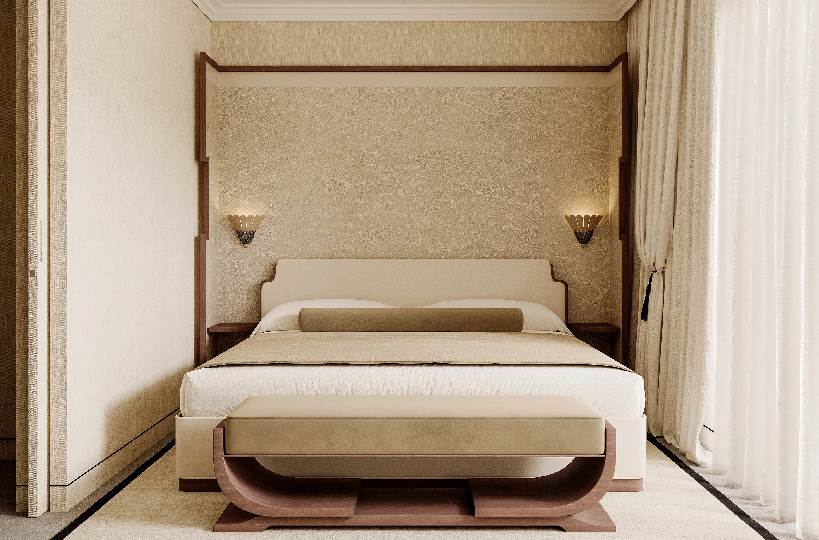 Canopy bed, bedside tables and sconce