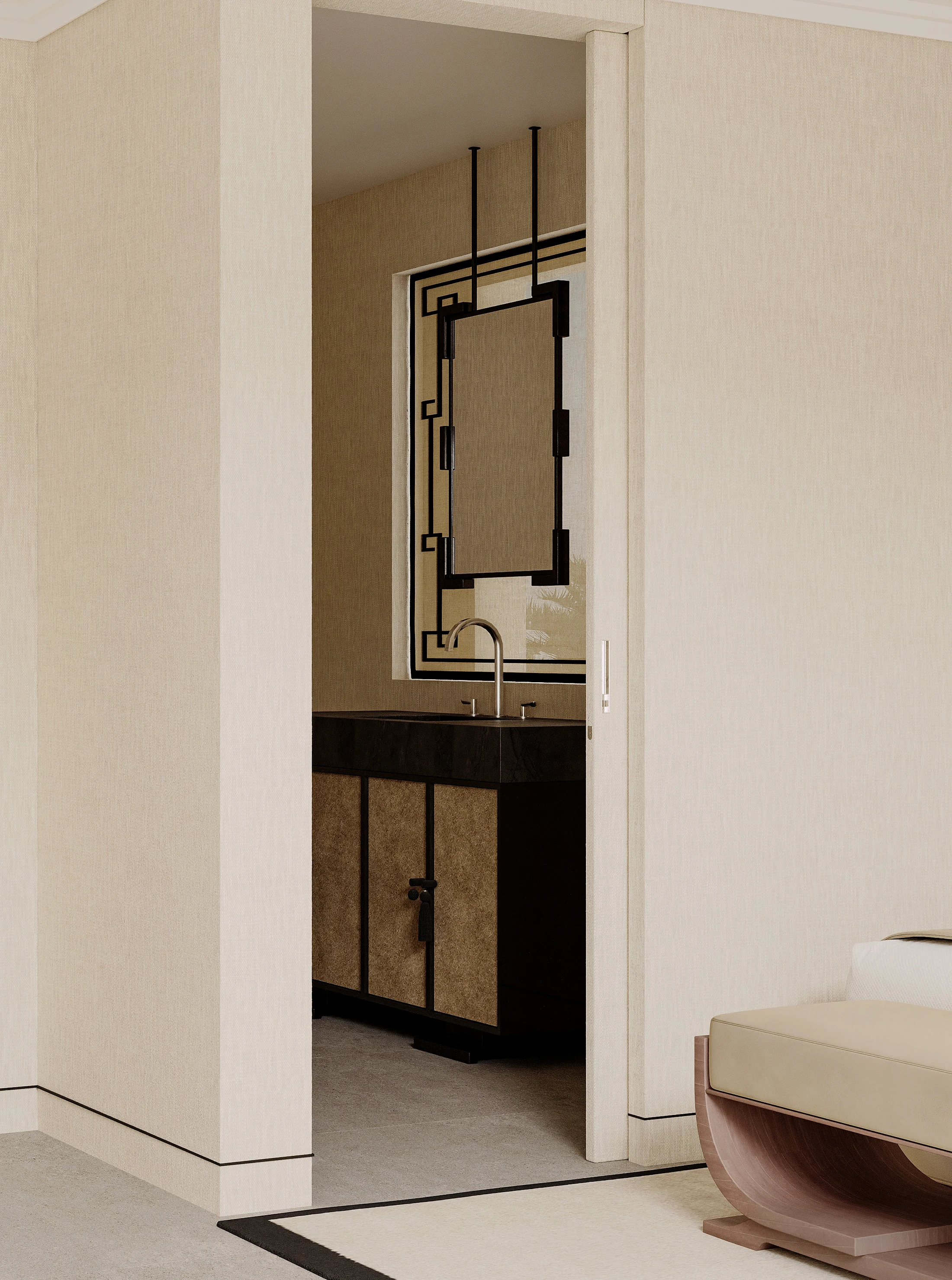 The bathroom vanity, with a framed mirror