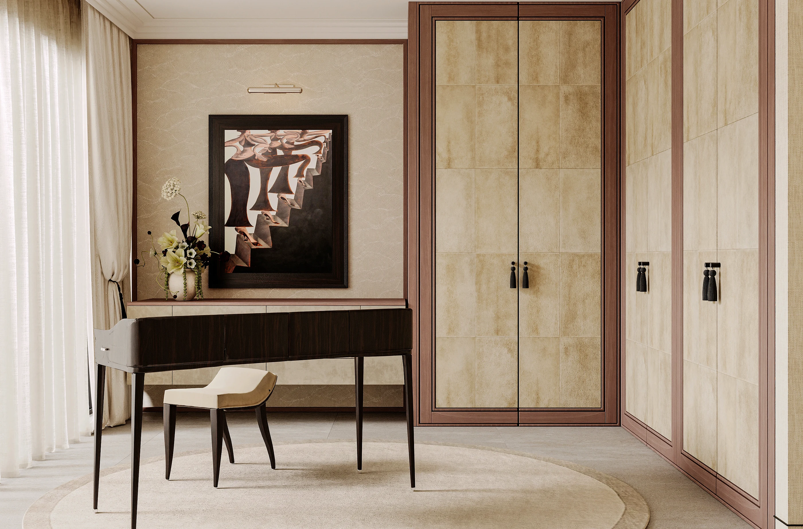 The desk and wardrobe front, with a framed work