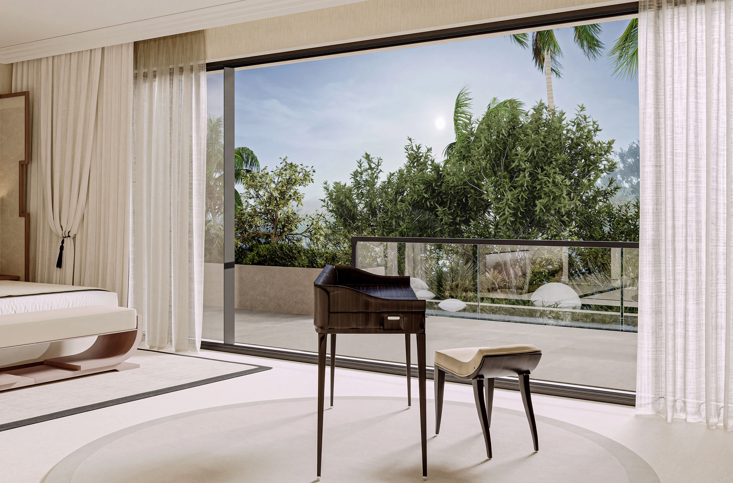 The desk at the window, with the garden outside