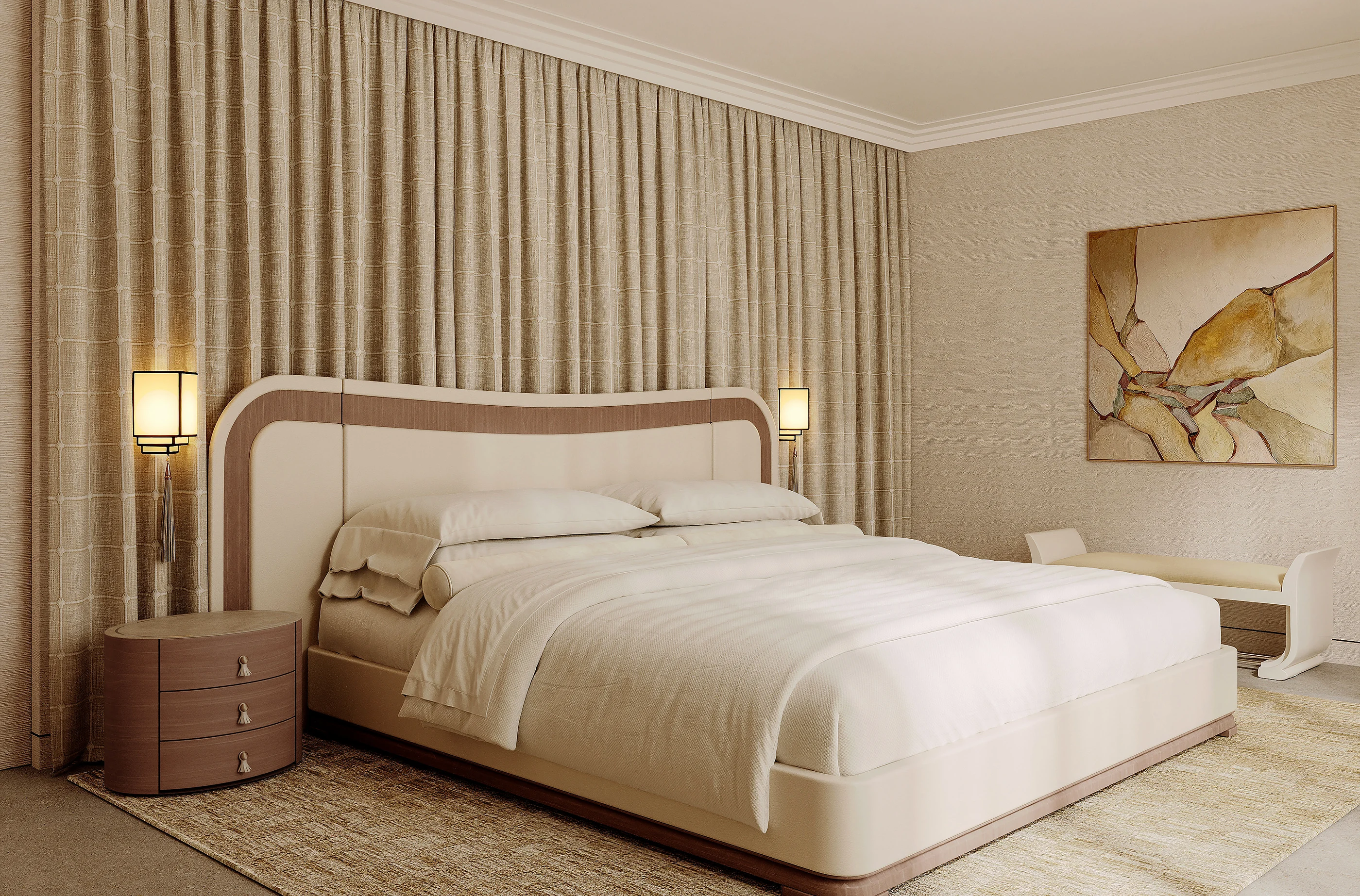 The bed against a continuous curtain, with a work above the headboard