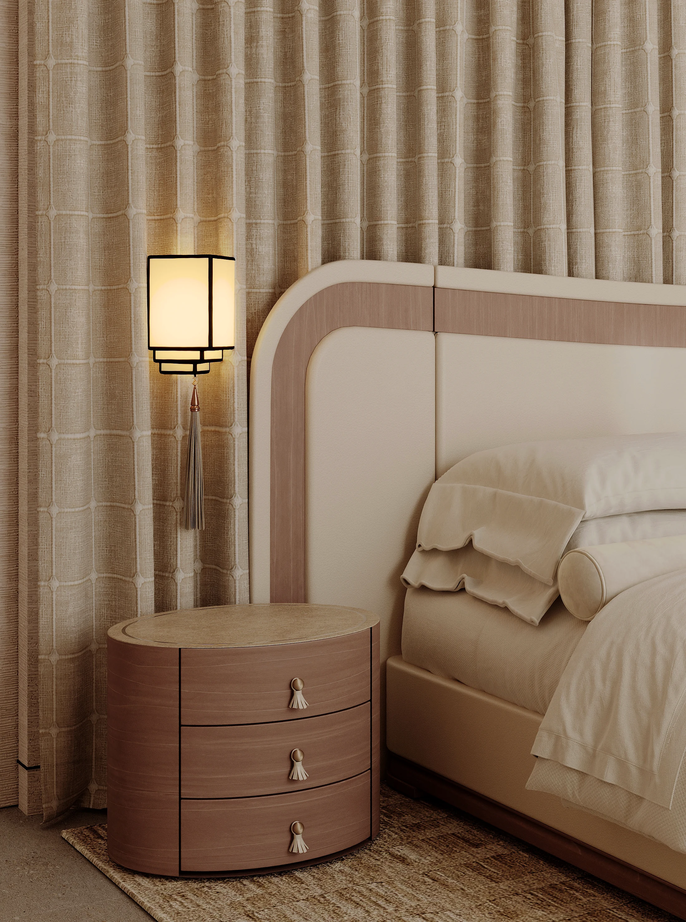 The curved bedside table and its lamp