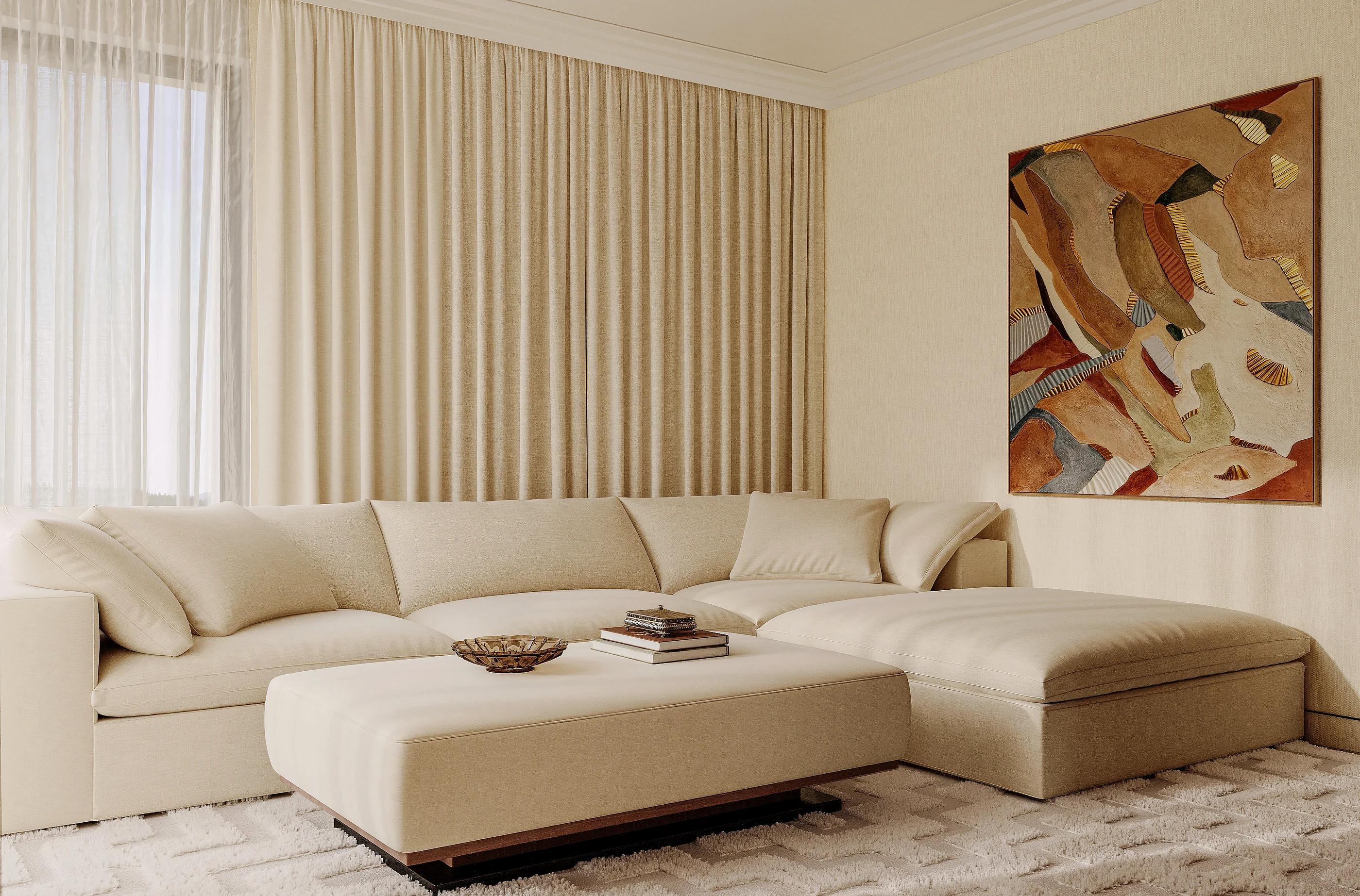Modular L-shaped sofa under a large work