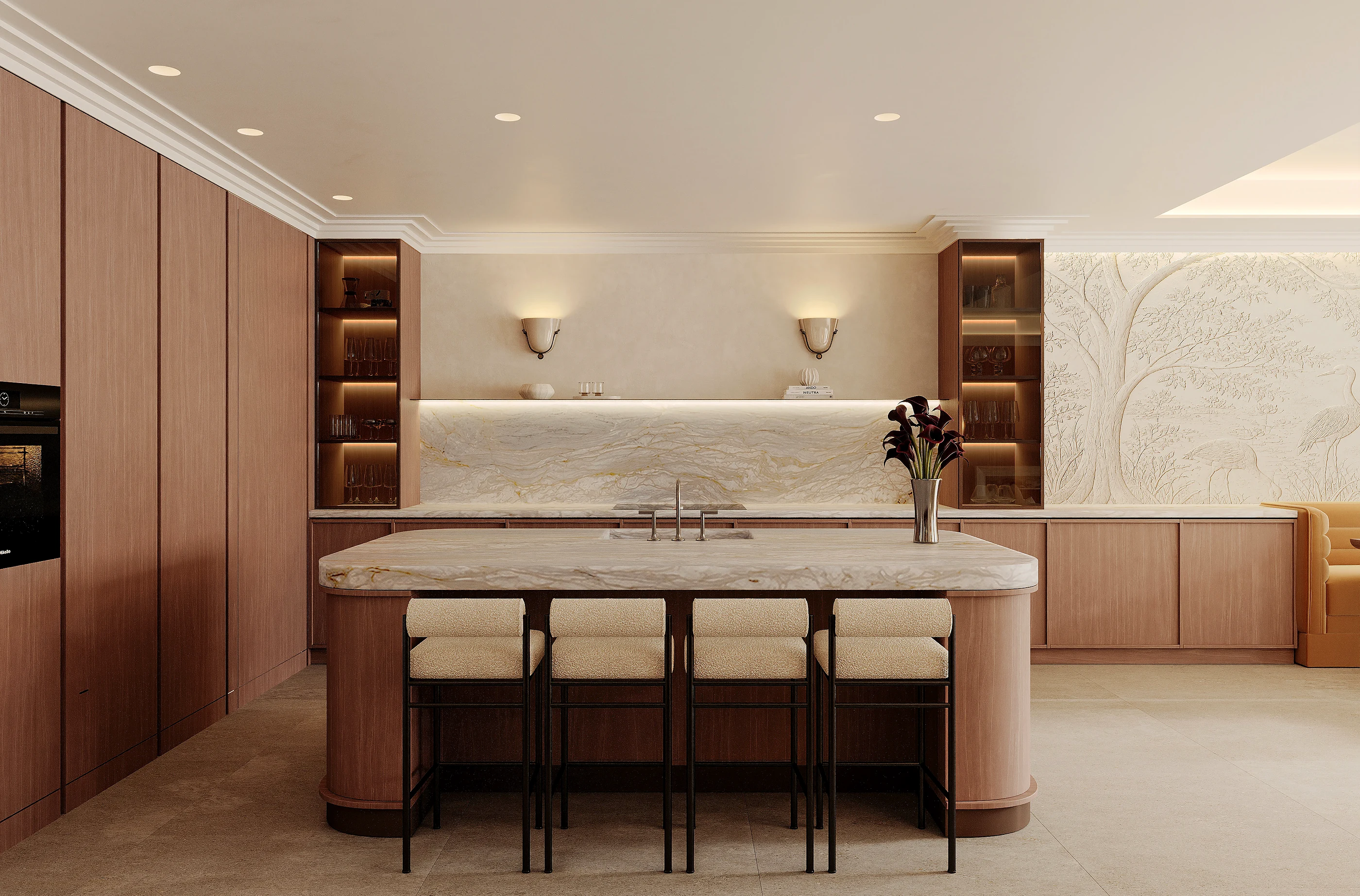 The kitchen island, marble top and walnut fronts
