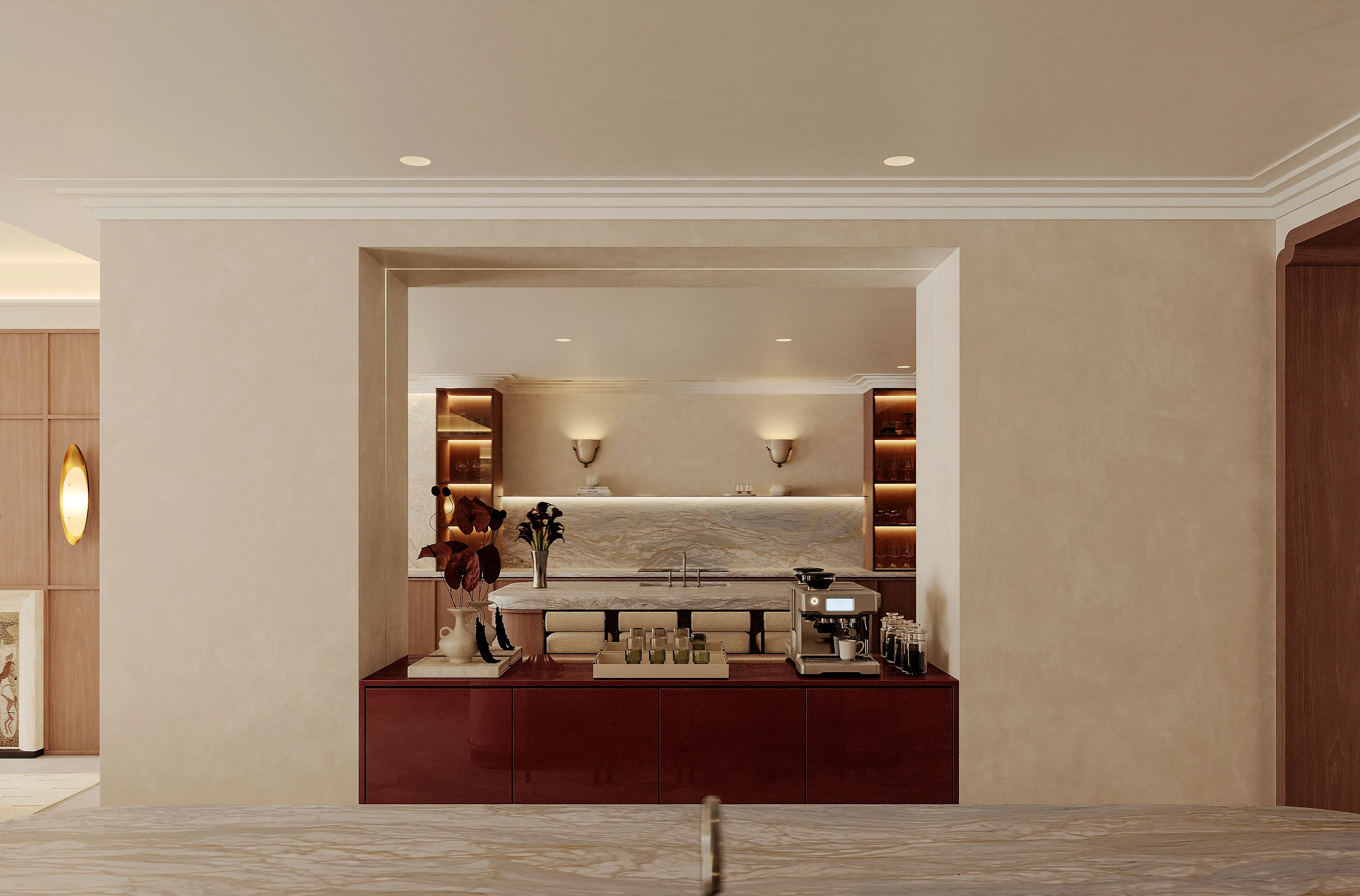 The bar, in burgundy lacquer with glazed cabinets