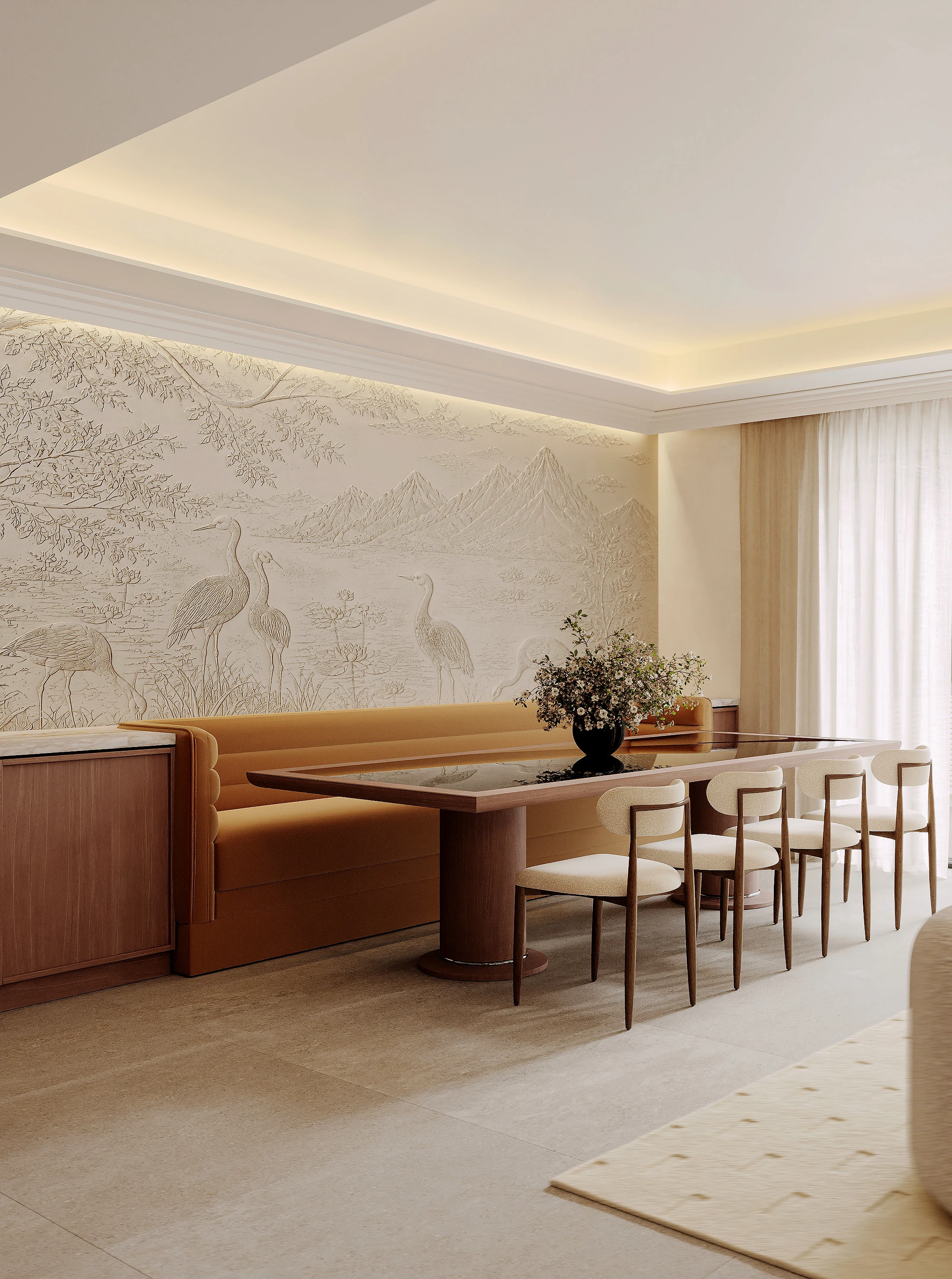 The dining room, crane wallpaper and a banquette