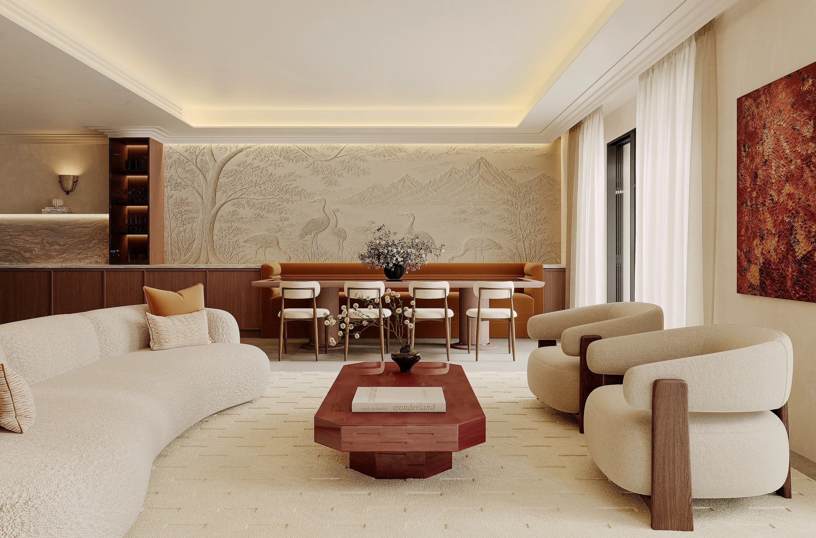 Lounge and dining in one view, curved sofas and a red stone low table