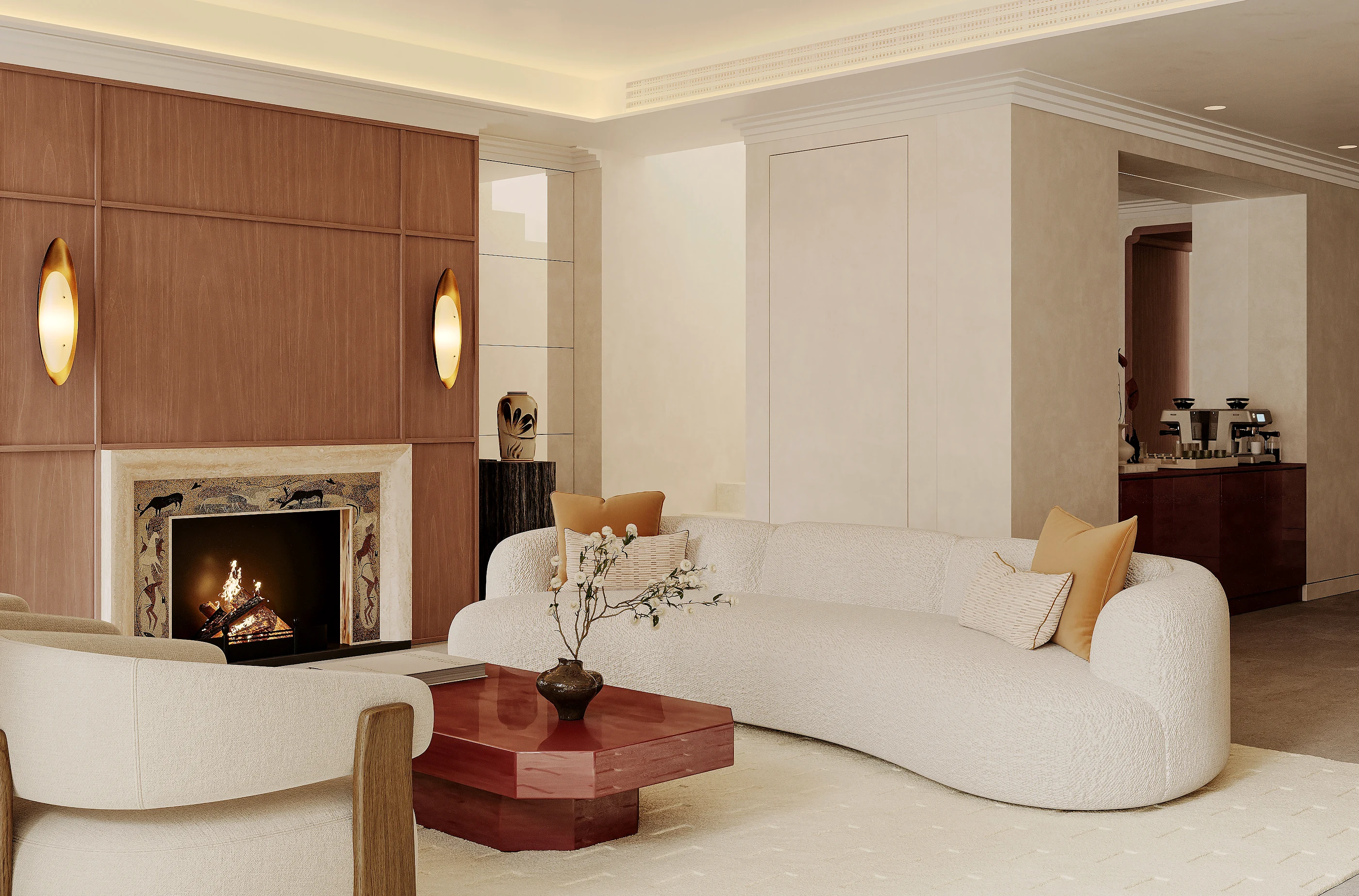 The lounge, with the marble fireplace