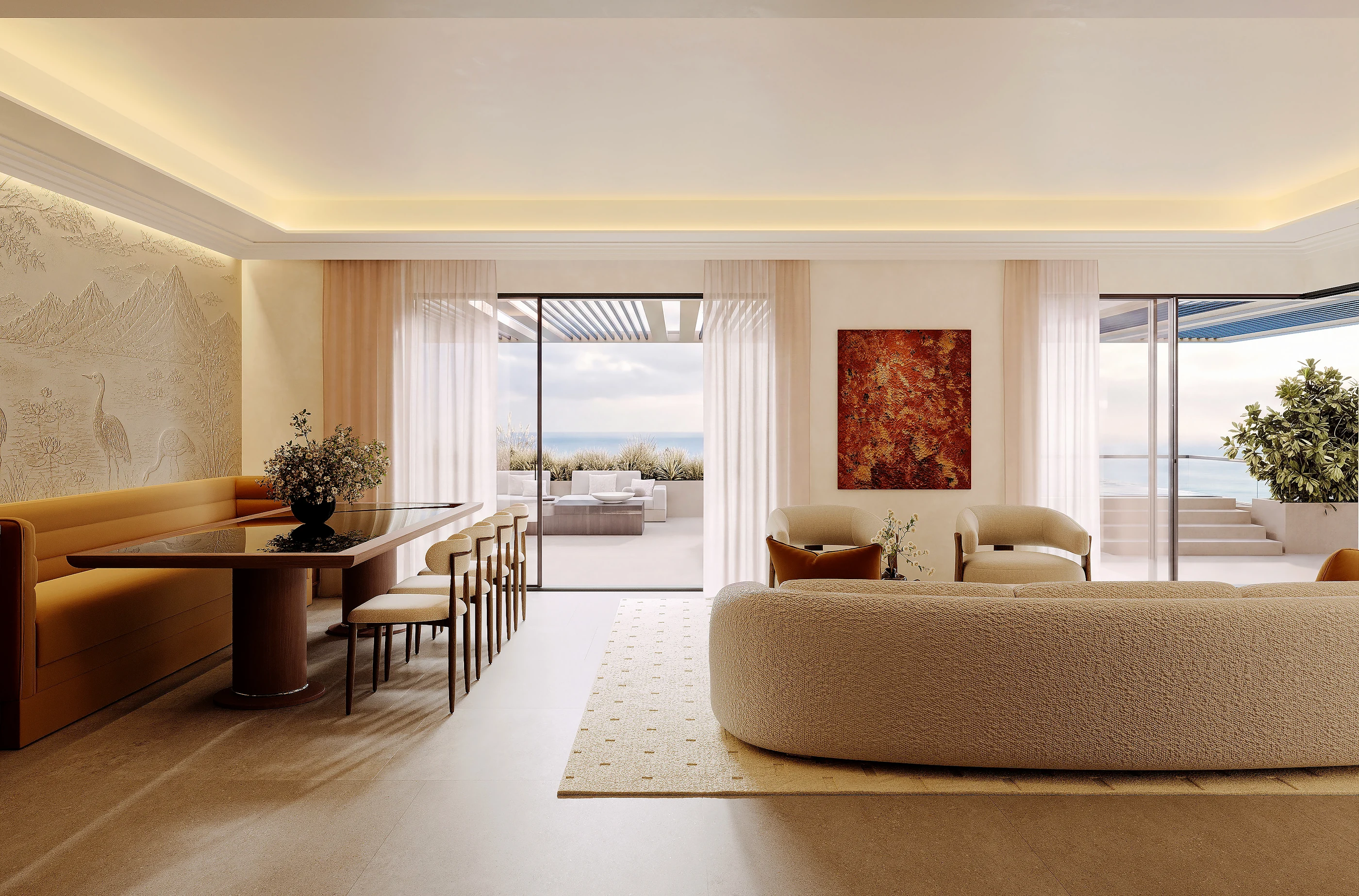 The full run, dining to lounge, and out to the terrace