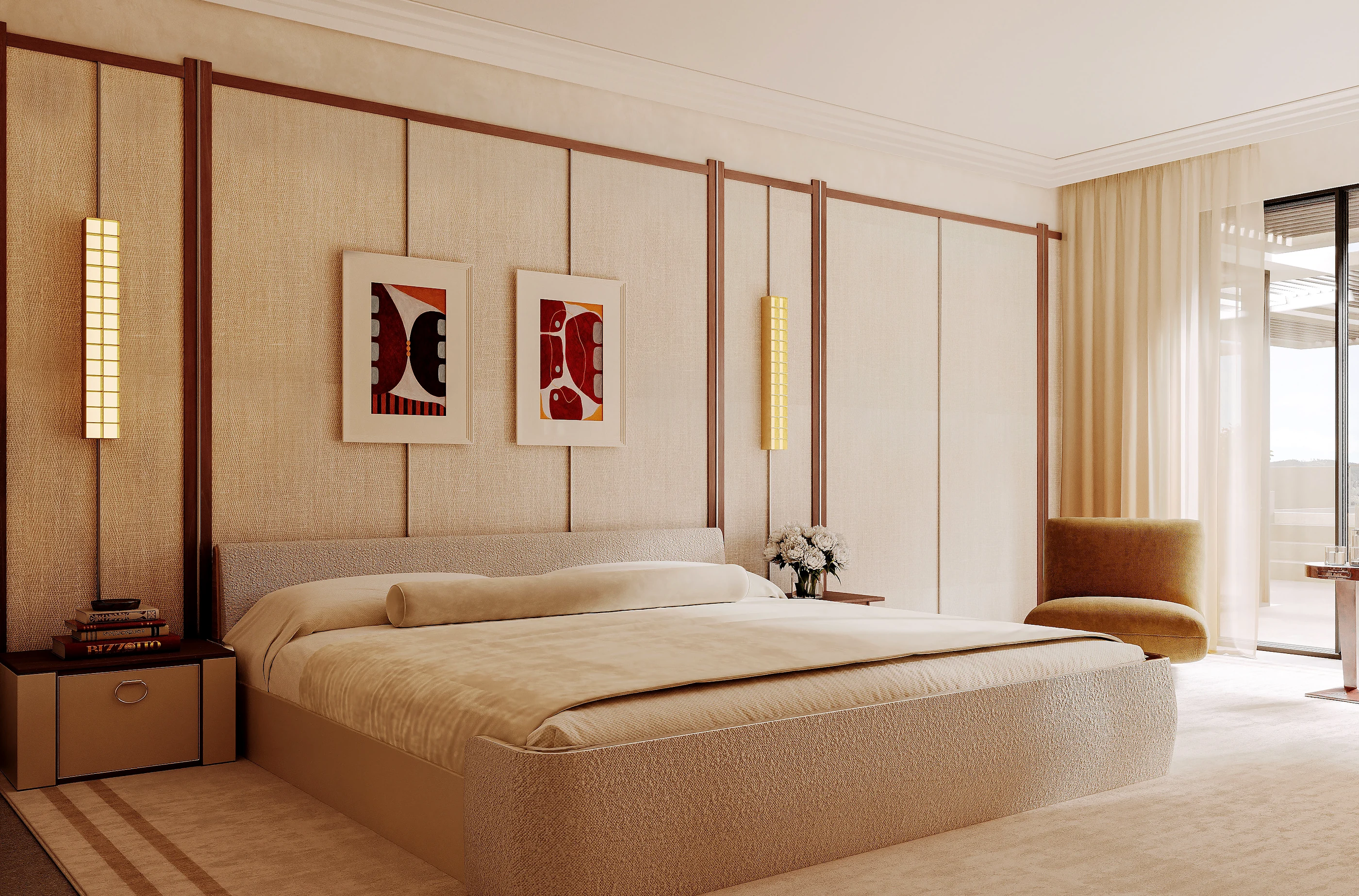 The panelled headboard, two framed works and vertical sconces