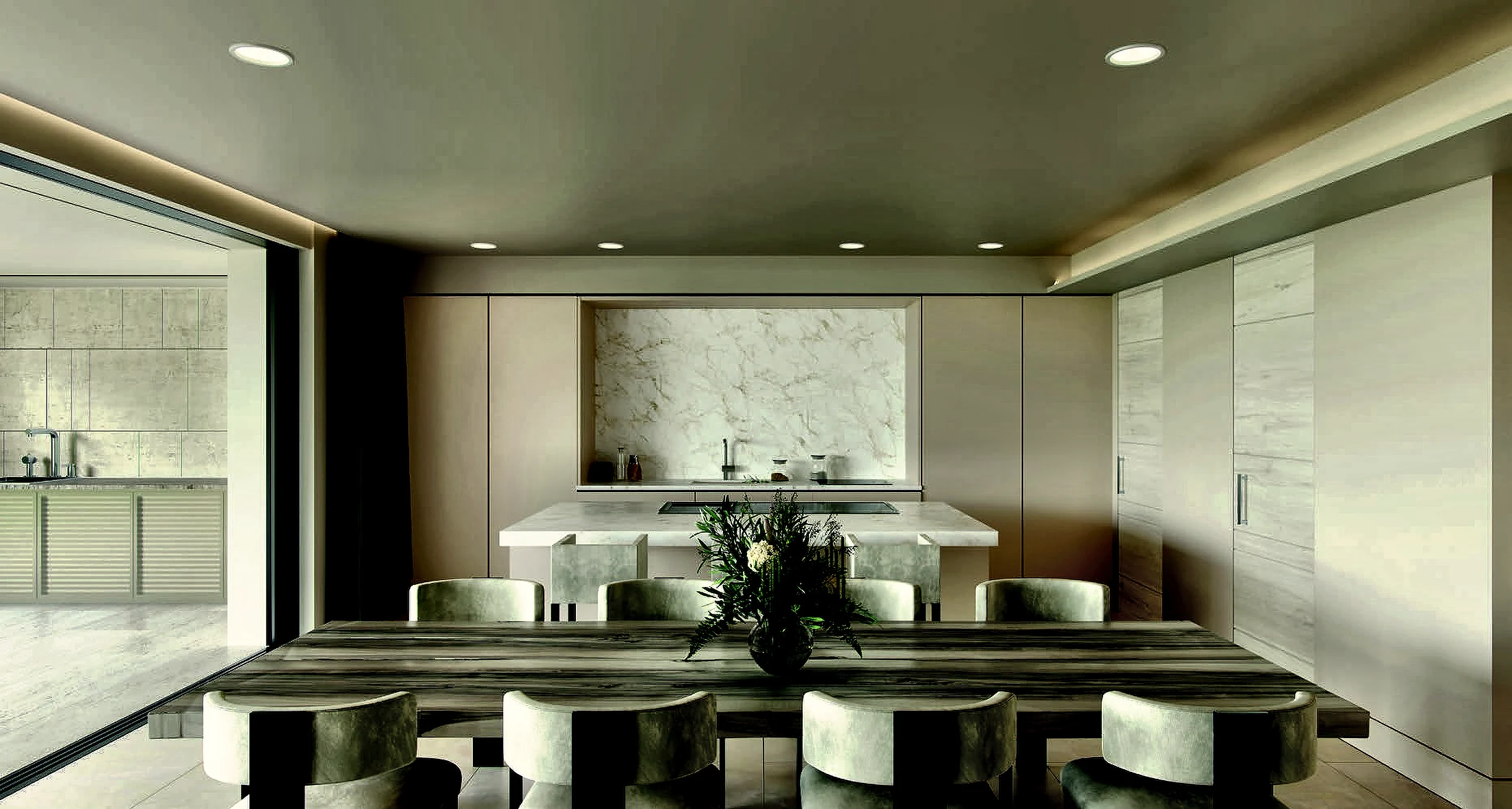 The dining table and the kitchen behind it