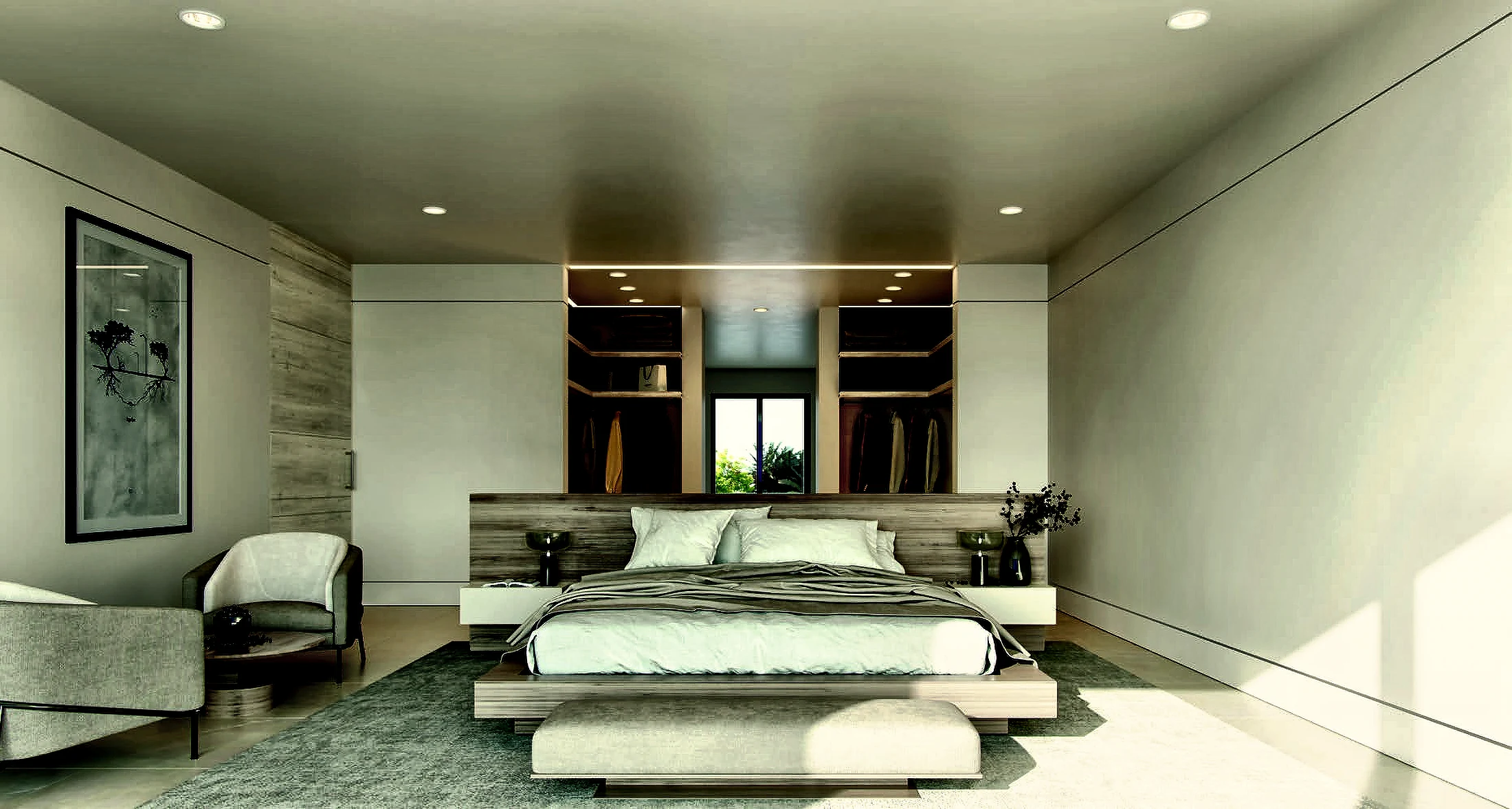 The bedroom, with the dressing room behind