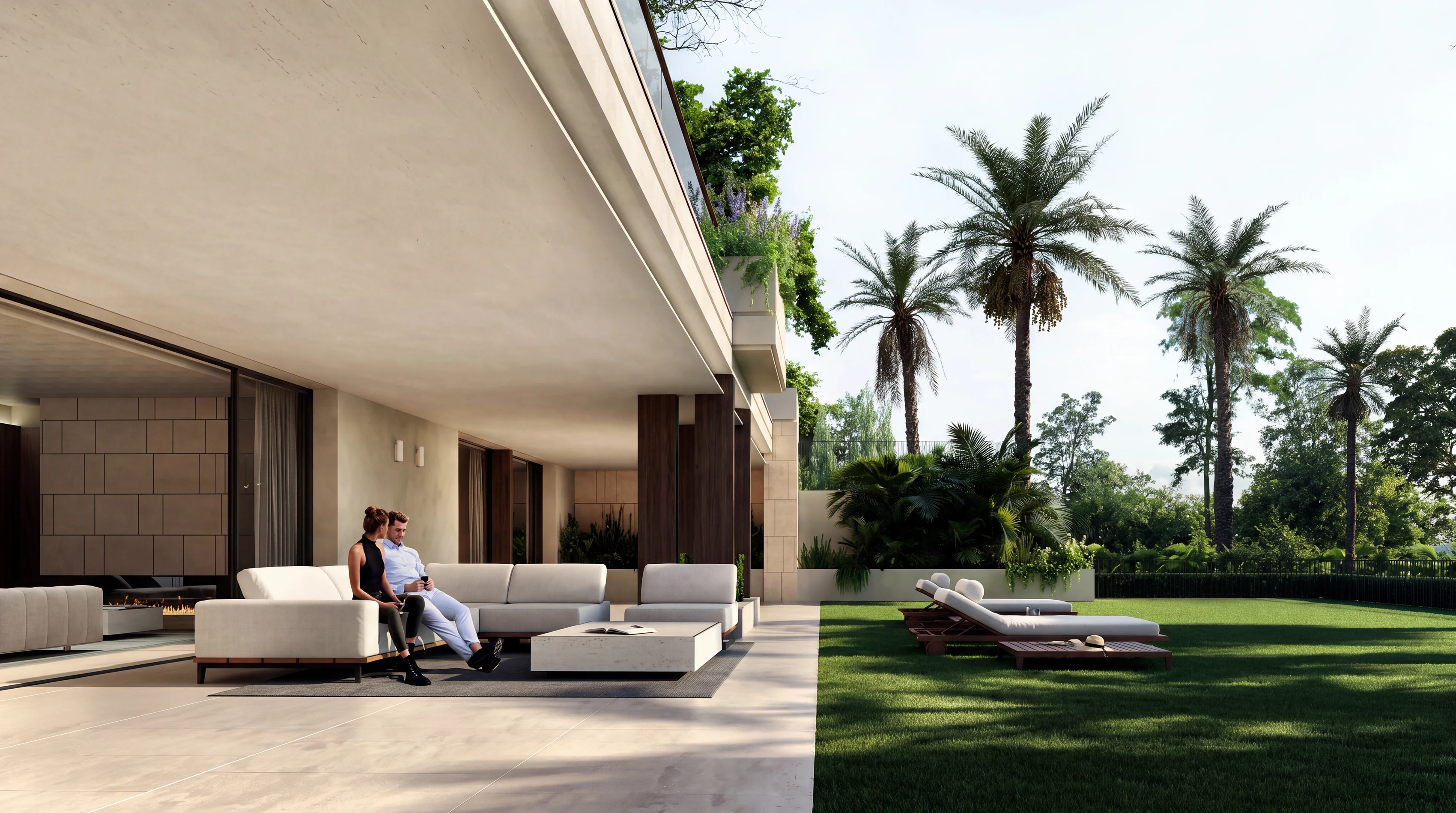 The covered terrace, opening onto the lawn