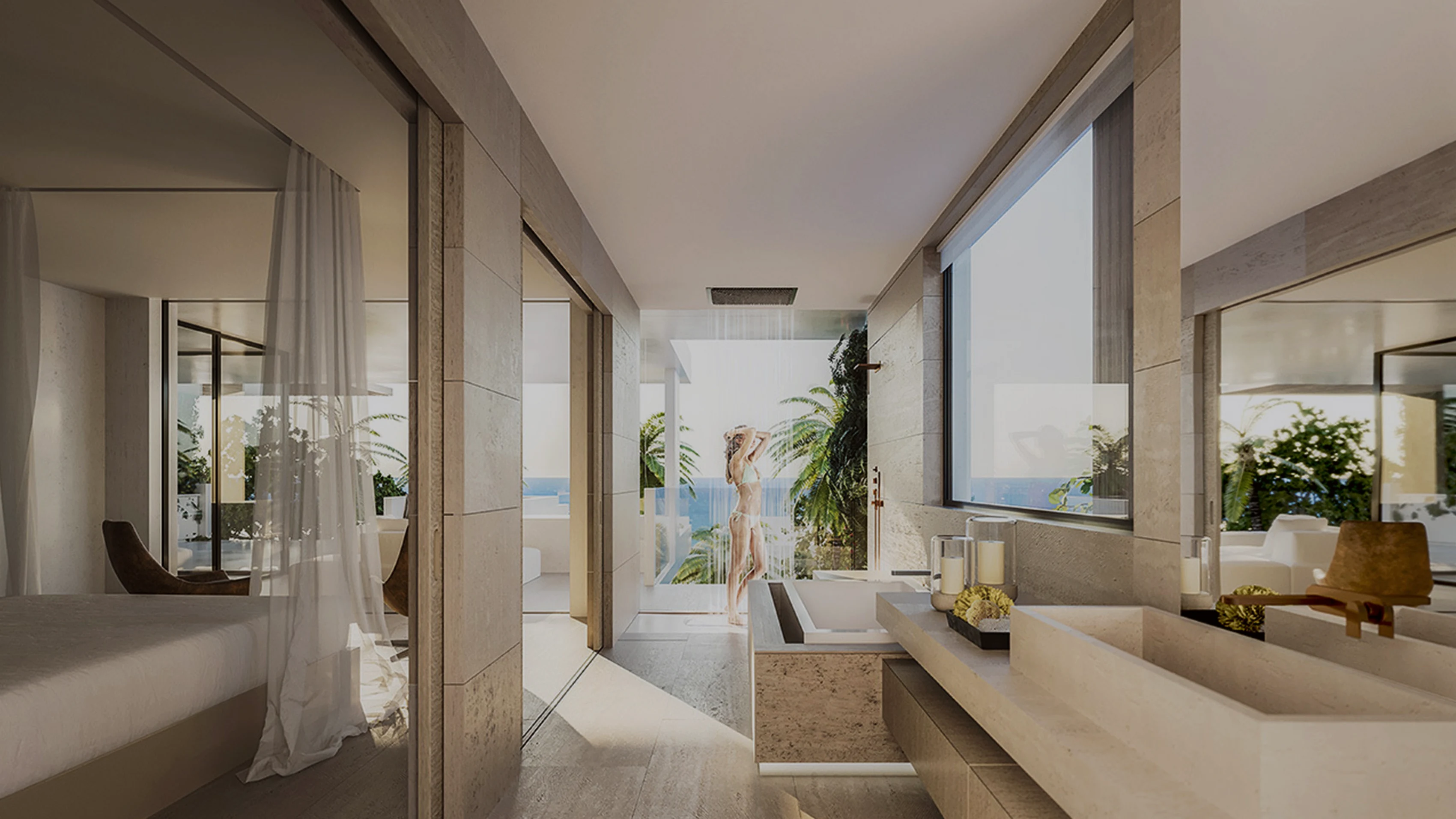 The principal bathroom, opening to an outdoor shower and the sea