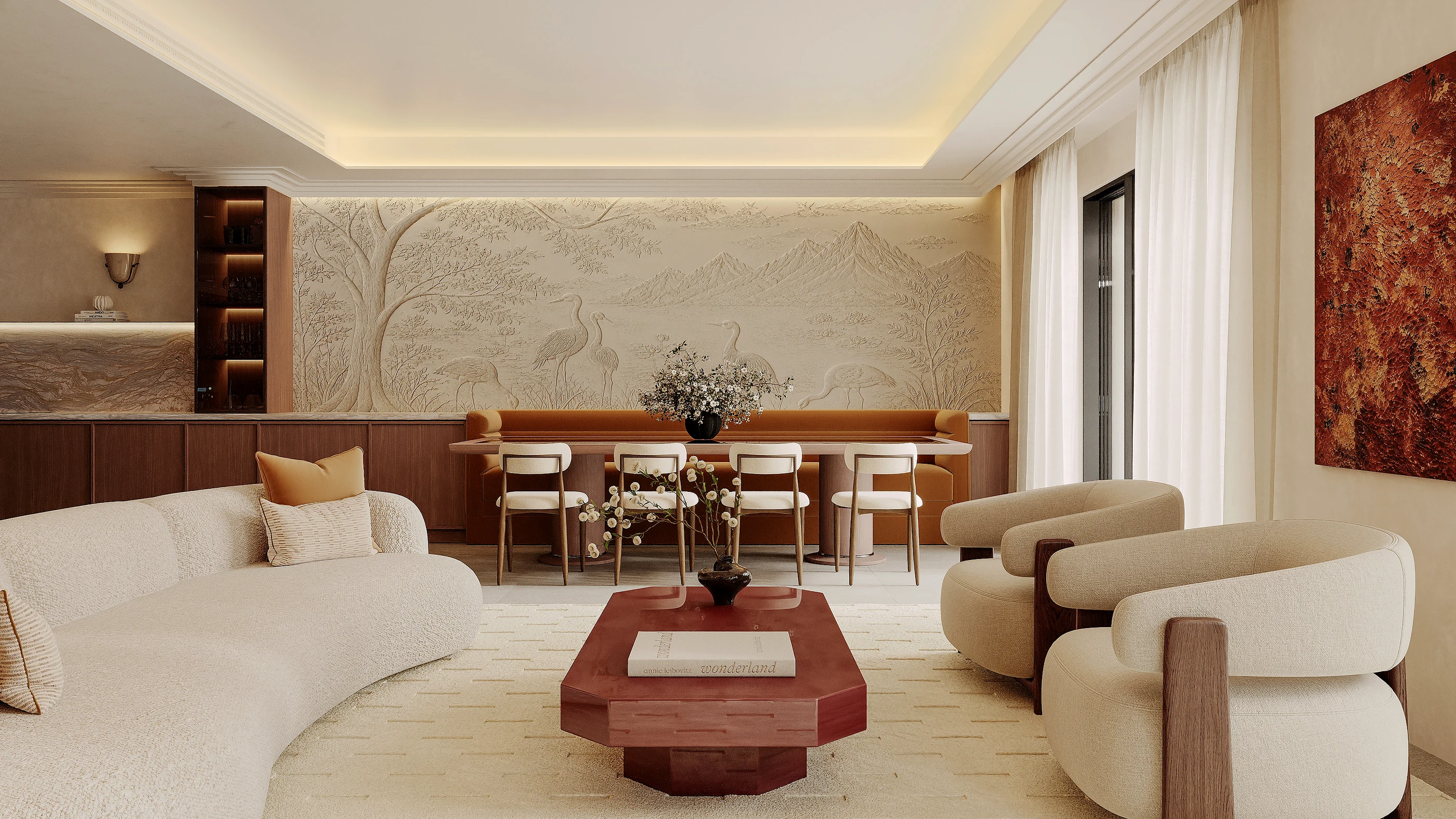Living room with curved seating and a stone table