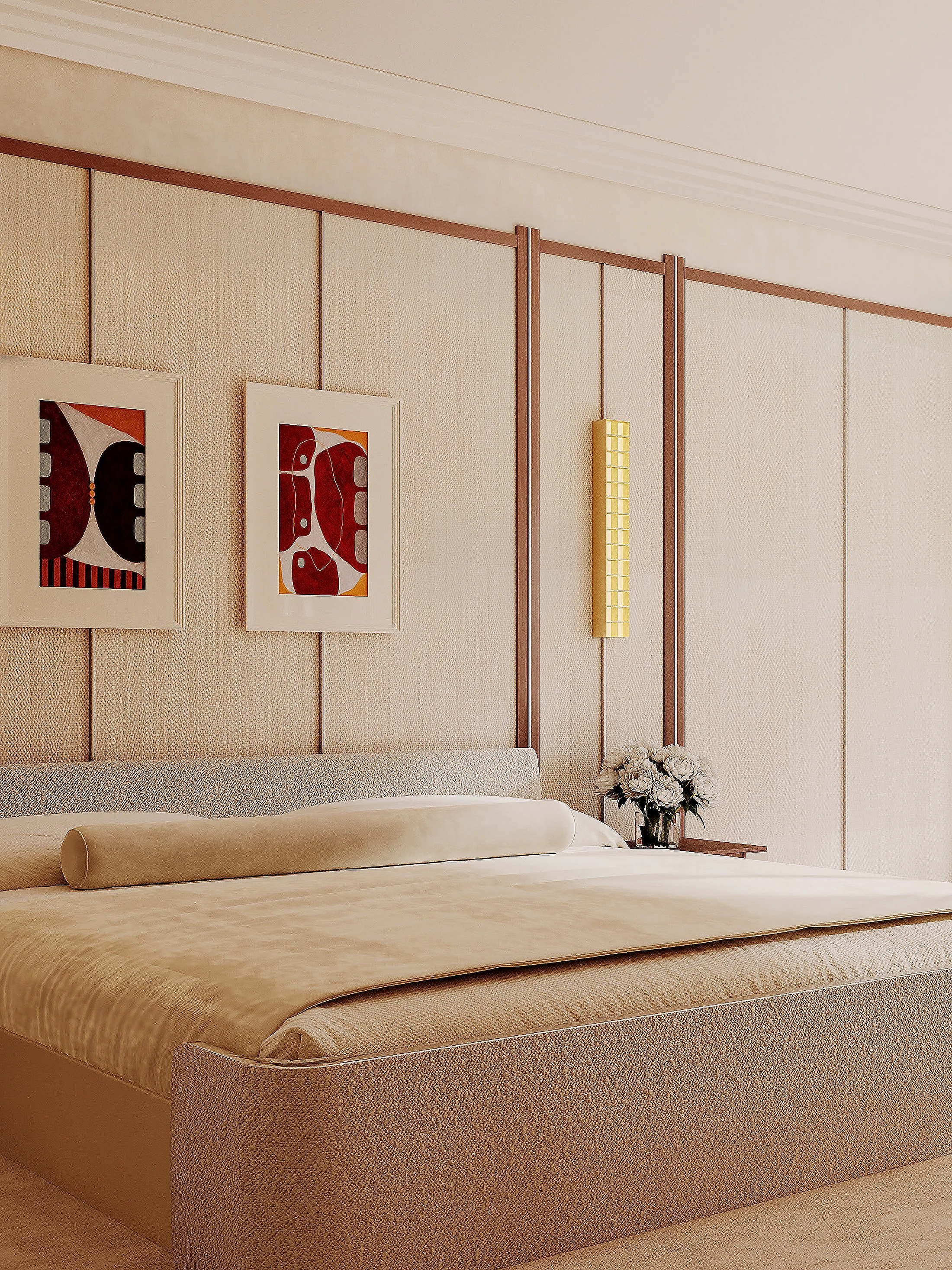 Master bedroom with panelled walls and Art Déco wall lights